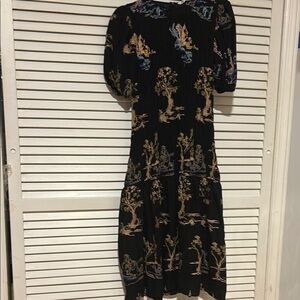 Zara Blue Midi Dress with Puff Sleeves and Crew Neck